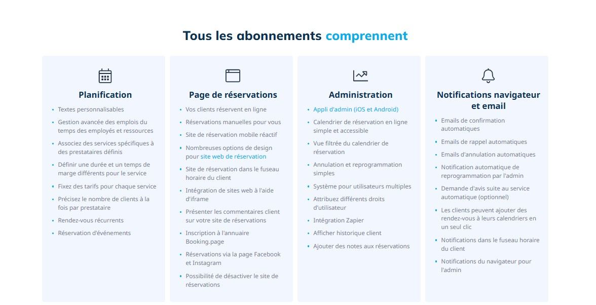 capture d’écran des fonctionnalités de simplybook.me dans toutes les formules
